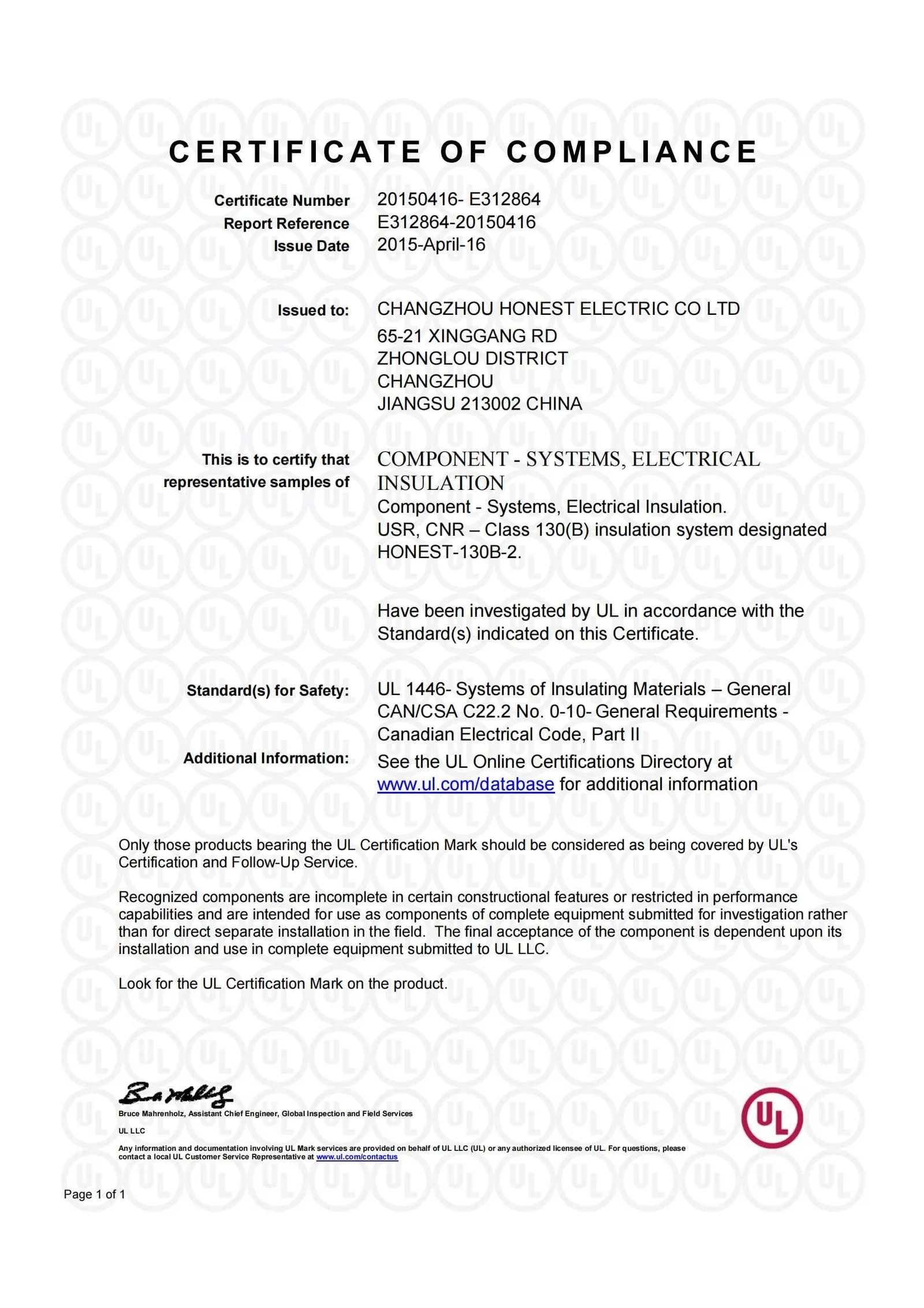 Class B Insulation System Certification Certificate - 20150416_0